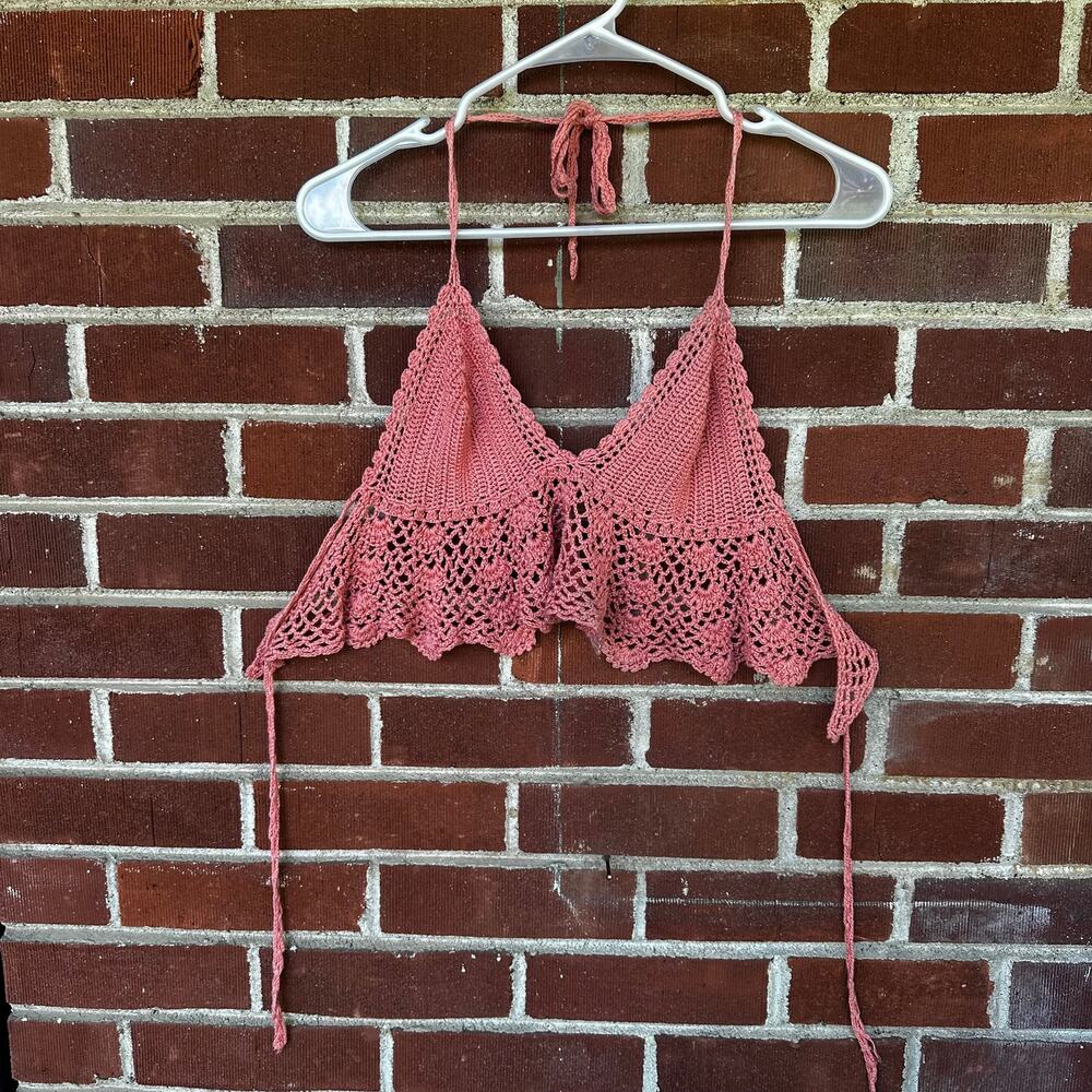 Boho Crochet Halter Crop Top Open Back Dusty Rose Festival Bralette